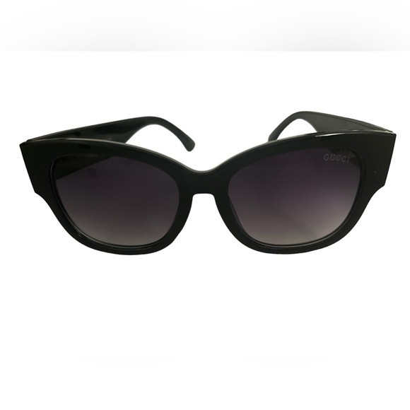 Black Semi Cat Eye Sunglasses with Purple Lenses - Rhinestones & Gold Emblems - Picture 2 of 10